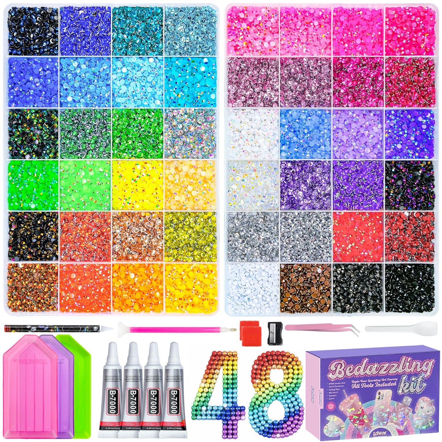 70000Pcs 48 Colors Bedazzling Kit 2 Boxes with Rhinestones, 3mm Resin Flatback Rhinestones with 4 Pcs B7000 Jewelry Glue & Tools, Diamond Art Beauty and Personal Care LOTWOW Default Title