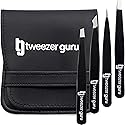 Tweezer Guru Eyebrow Tweezer Set (4-Piece) for Women & Men - Professional Slant and Pointed Tweezers Set with Case - Precision Tweezers Kit for Facial