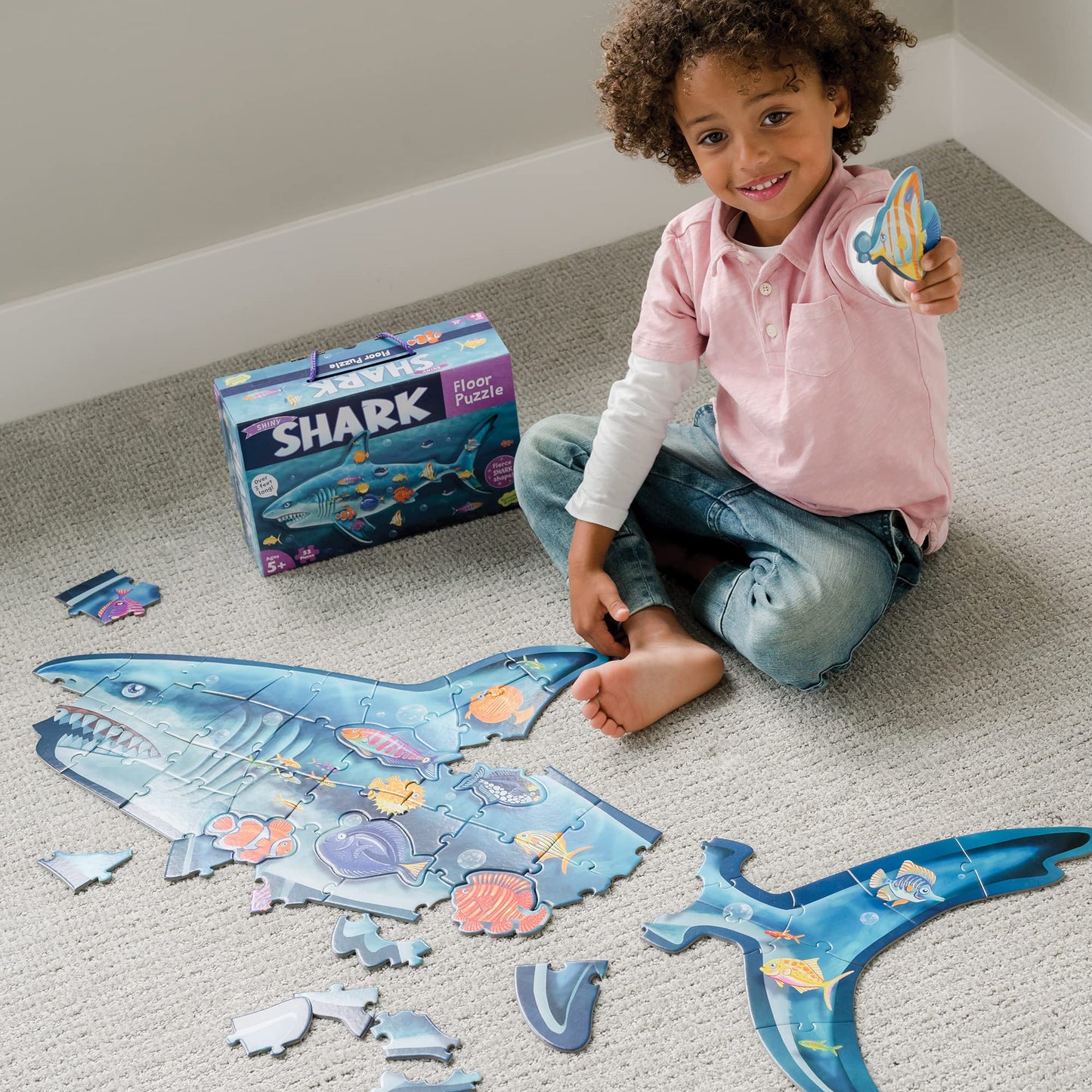 Peaceable Kingdom Shiny Shark Floor Puzzle – 53-Piece Giant Floor Puzzle for Kids Ages 5 & up – Fun-Shaped Puzzle Pieces – Great for Classrooms