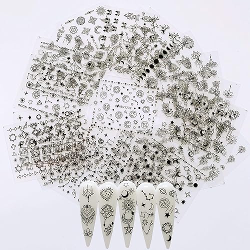 NAIL ANGEL 24 Sheets Nail Art Black Sticker Moon and Star Universal Flower Shapes Different Patterns Mix Sticker Sheets 10056