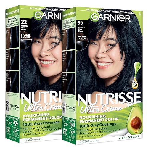 Garnier Nutrisse Ultra Crème Hair Color, Permanent Hair Dye with 100% Gray Coverage, Vegan & Cruelty-Free, 22 Intense Blue Black (Mulberry), 2 Count