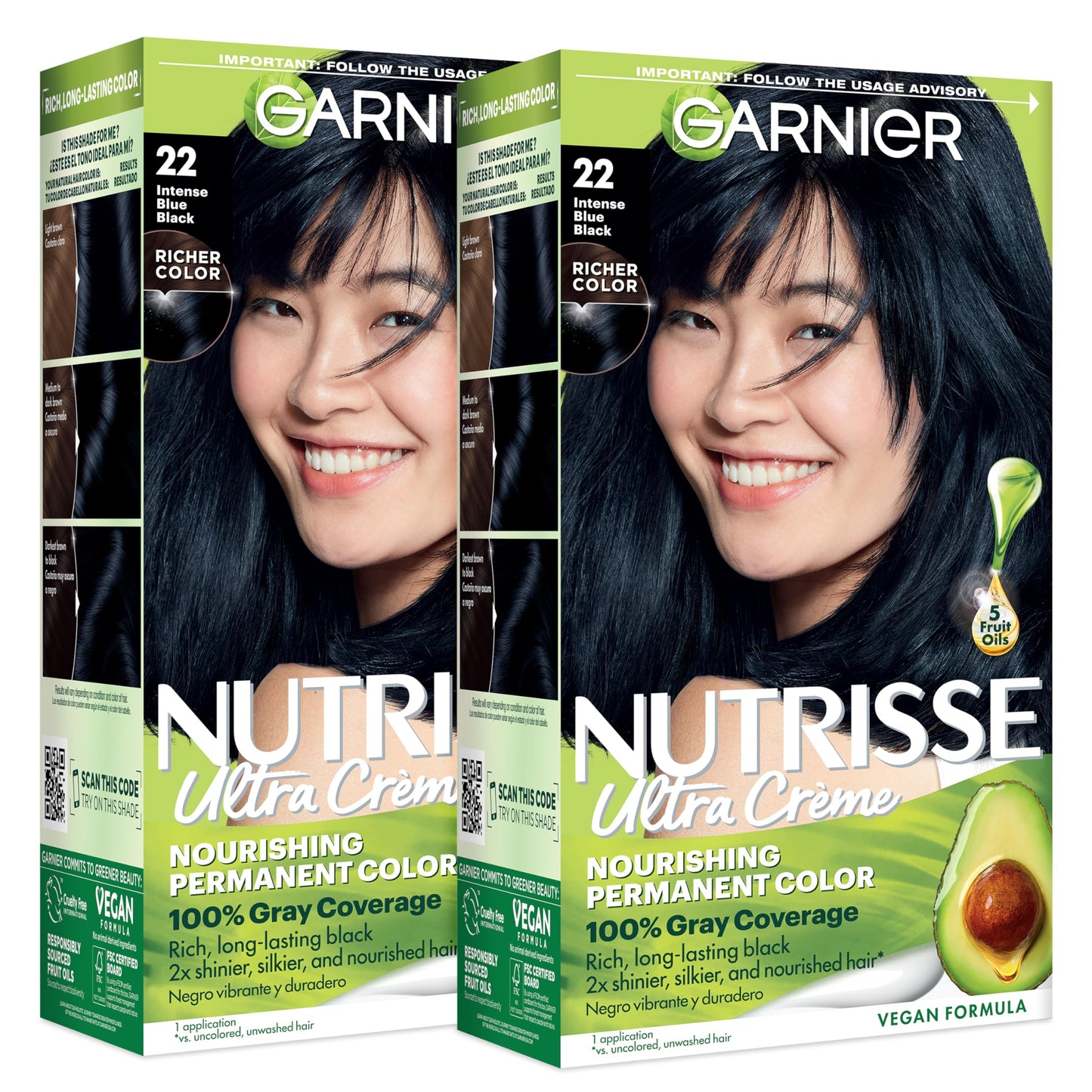 Garnier Nutrisse Ultra Crème Hair Color, Permanent Hair Dye with 100% Gray Coverage, Vegan & Cruelty-Free, 22 Intense Blue Black (Mulberry), 2 Count