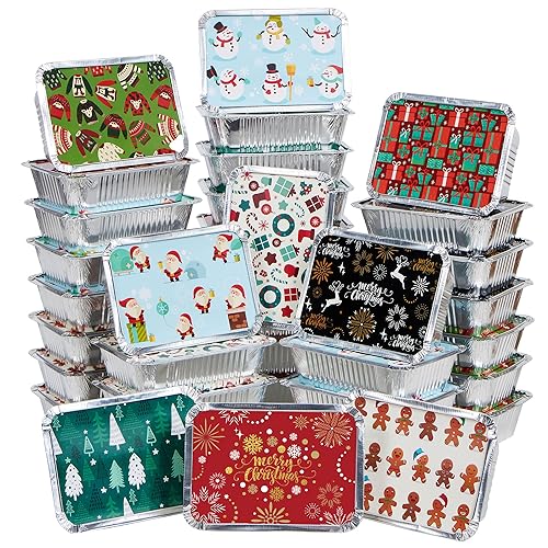 JOYIN 36 Pieces Christmas Foil Containers with Lid, 9 Holiday Designs, 7"x5.5"x2" Christmas Small Gift Bags Santa Sacks, for Holiday Leftovers Goodie…