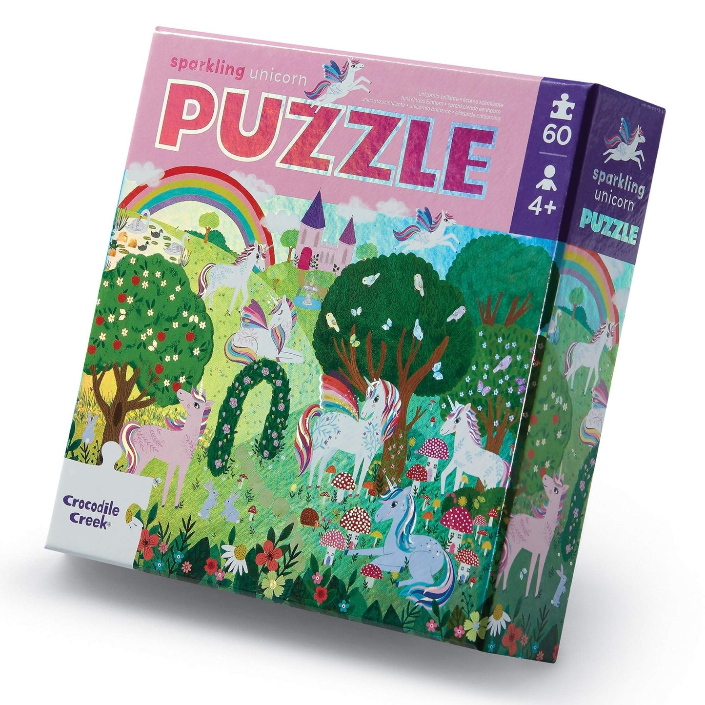Crocodile Creek 60-Piece Holographic Foil Floor Puzzle for Kids Ages 4-8 and Up - Heavy-Duty Box for Storage - Sparkling Unicorn - 14” x 19” Finished