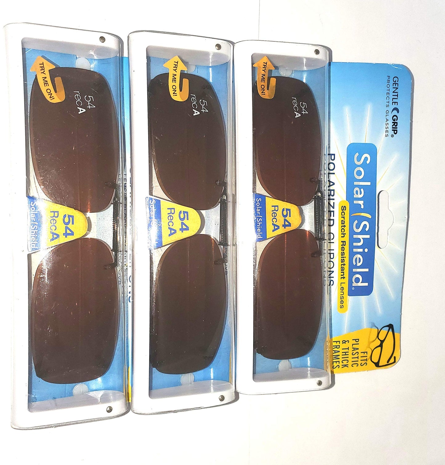 3 SOLAR SHIELD Clip-on Polarized Sunglasses Size 54 Rec A Brown Frameless NEW