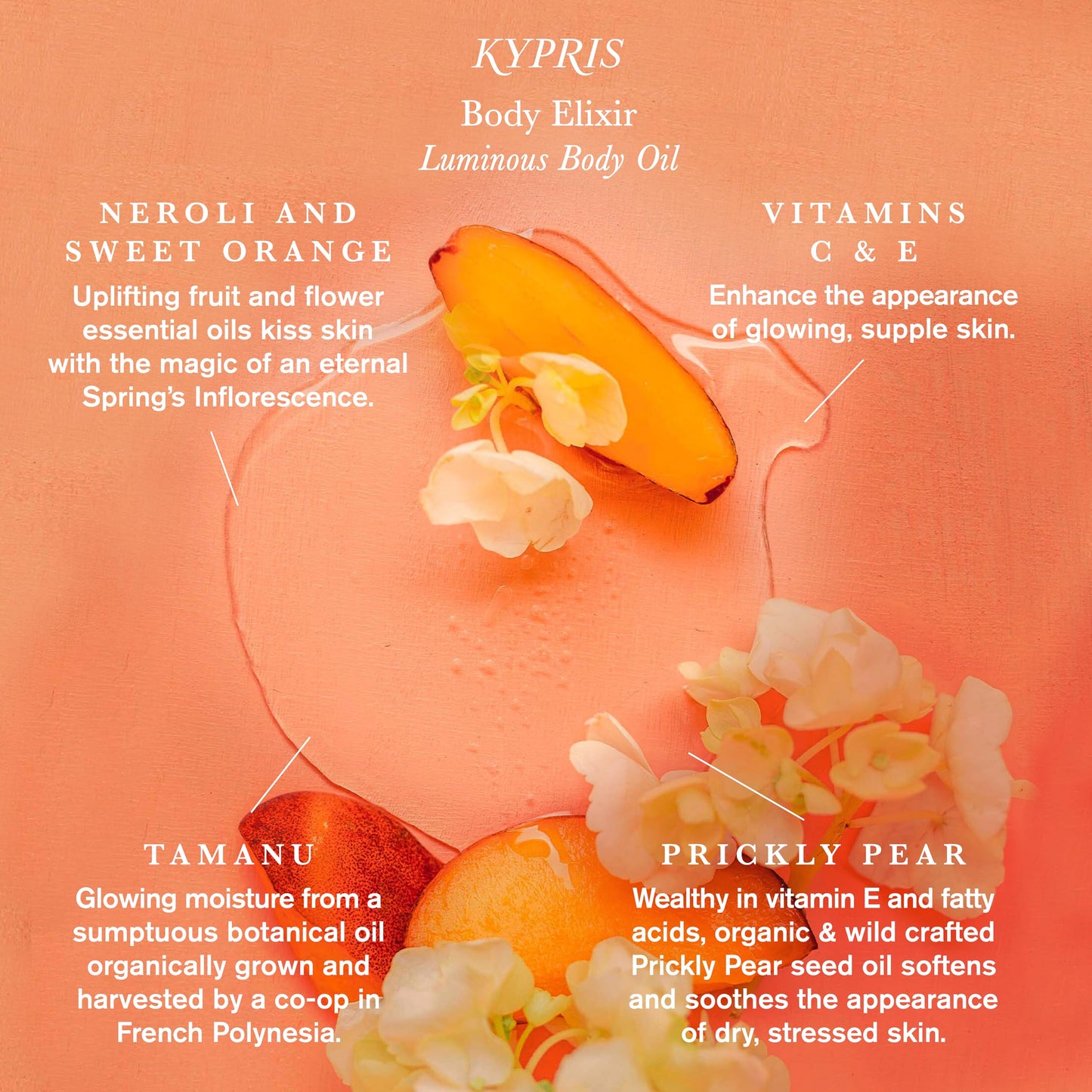 KYPRIS, Body Elixir: Inflorescence Glowing Body Oil, Moisturizes & Soothes, Vitamin C Ester THD + E & Organic Neroli (3.38 fl oz / 100 ml)