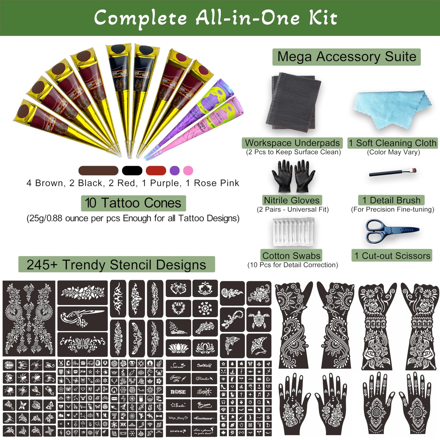 XWGLFT 245 Pcs Temporary Tattoo Stencils Kit - 10 Tattoo Cones (4 Brown, 2 Black, 2 Red, 1 Purple, 1 Rose Pink) - Waterproof DIY Body Art Set | Ideal Beauty and Personal Care XWGLFT