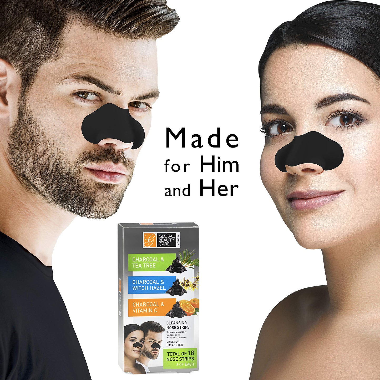 Global Beauty Care Premium 18 Nose Cleansing Strips VARIETY PACK Charcoal with Tea Tree, Witch Hazel, & Vitamin C For Blackheads Removal Strips - 18