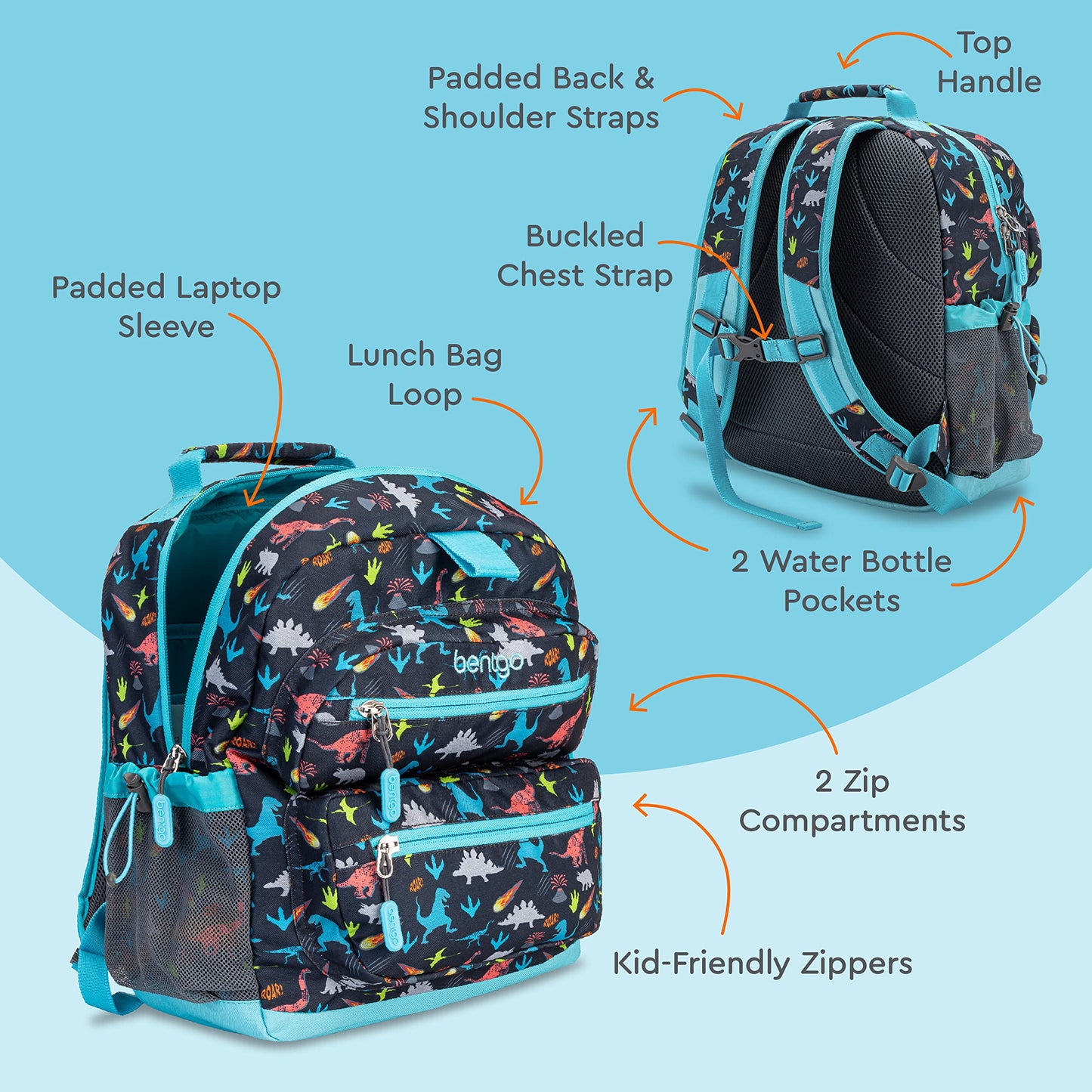 Bentgo Kids Backpack - Lightweight 14” Backpack in Fun Prints for School, Travel, & Daycare, Ideal for Ages 4+, Roomy Interior, Durable & Water-Resistant Fabric, & Loop for Lunch Bag (Dinosaur)
