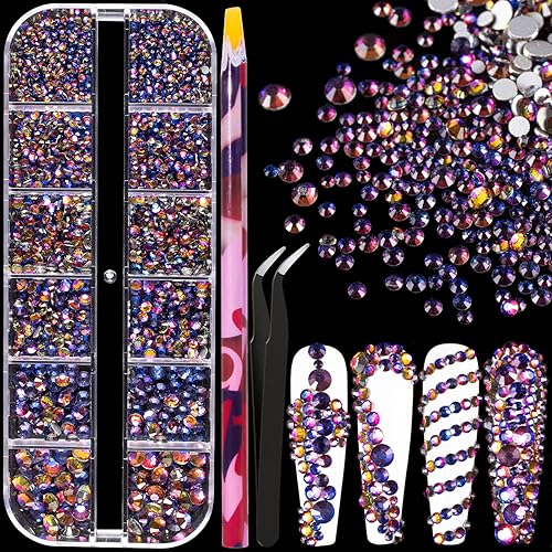 6 Sizes Iridescent Blue Glass Crystal Kit with Pickup Pen + Tweezer Tools for Shine Nail Art Manicure Makeup DIY Decoration Flatback Round Rhinestone
