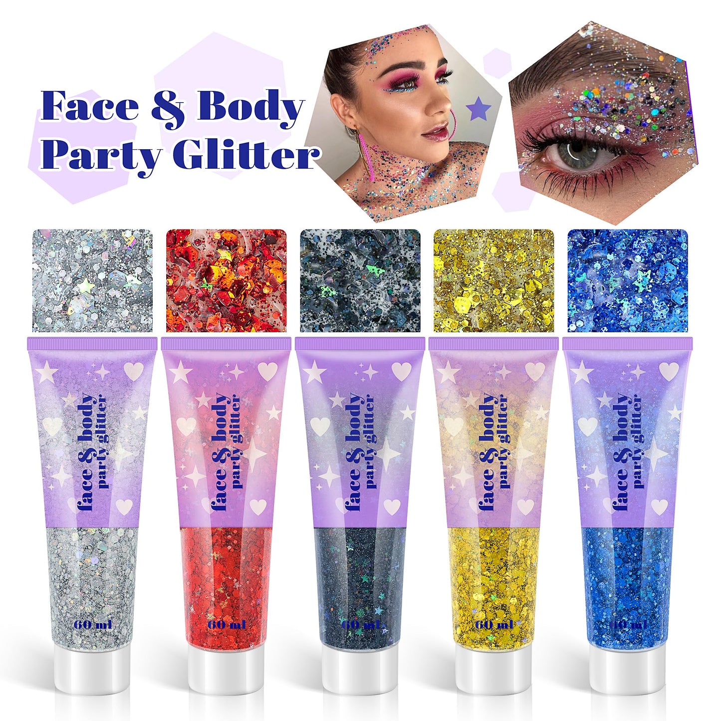 Body Glitter Gel, 2 Jars Face Glitter Gel Sequins Shimmer for Hair, Lip, Eyeshadow, Nails, Chunky and Powder Mixed Glitter Gel, Holographic Cosmetic