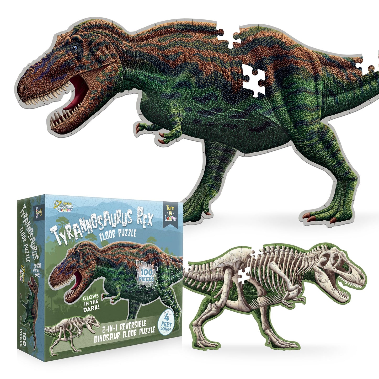 Tyrannosaurus Rex Dinosaur 100-Piece Floor Puzzle – Double Sided with Glow-in-the-Dark Skeleton – 4 FT Educational Dino Toy for Kids