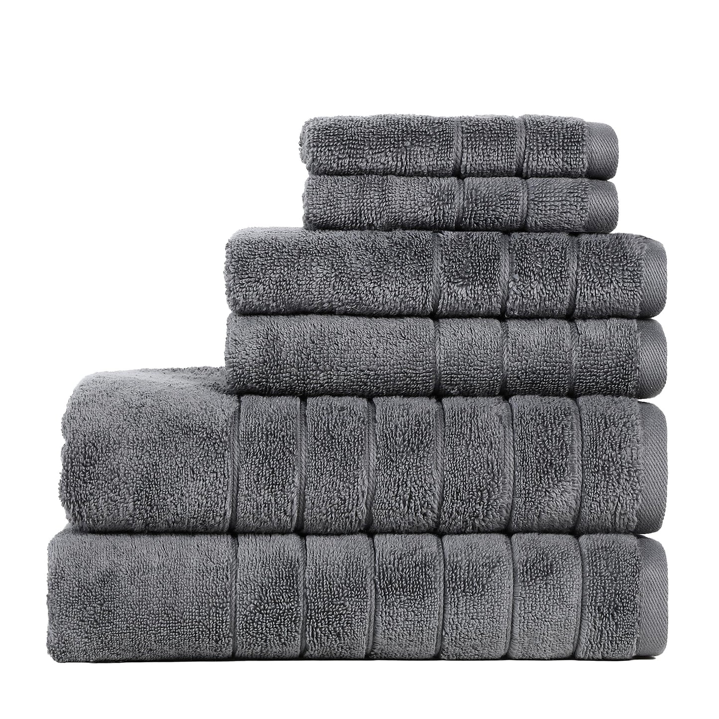 Anne Klein 6-Piece Reverie Towel Set, 2 Bath Towels, 2 Hand Towels, 2 Wash Cloths, 100% Cotton, Grey