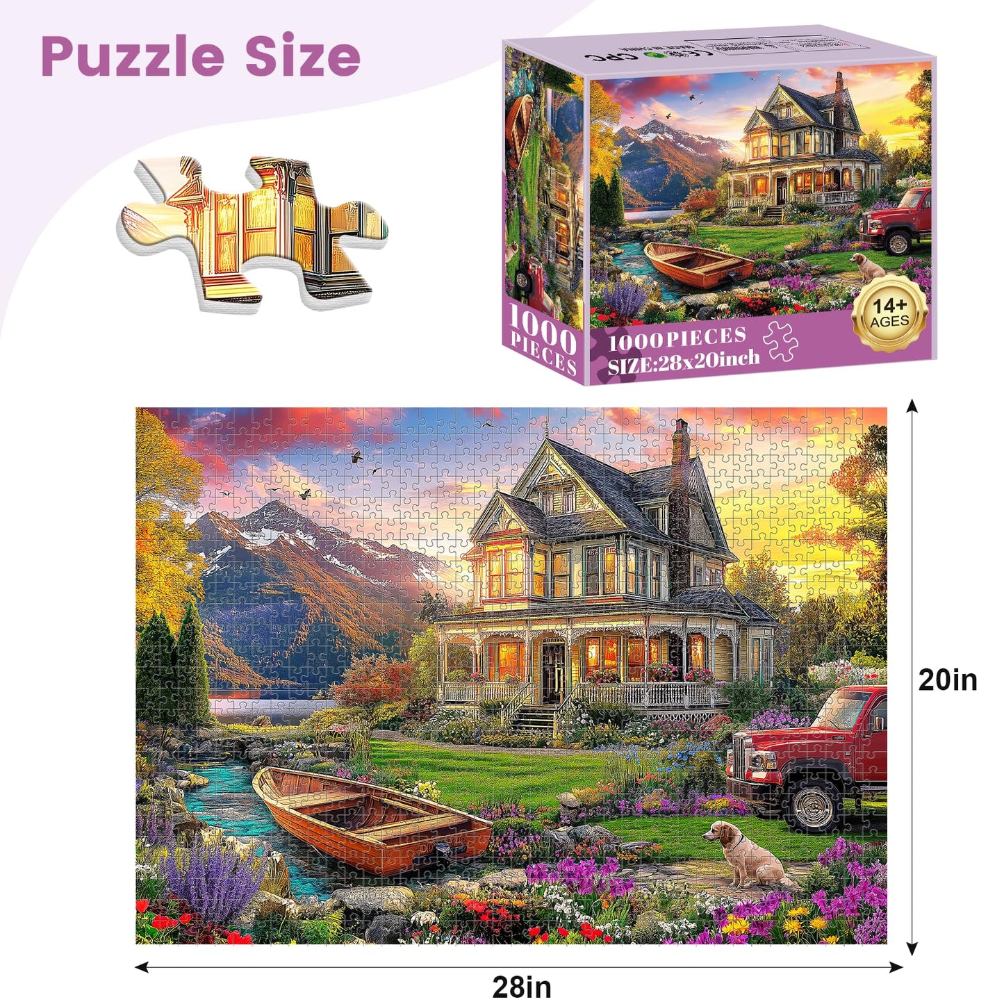 1000 Piece Jigsaw Puzzle for Adults – Autumn Landscape with Villa & Dog, Challenging Puzzle Game, Home Décor, Birthday Gift, 28x20 in