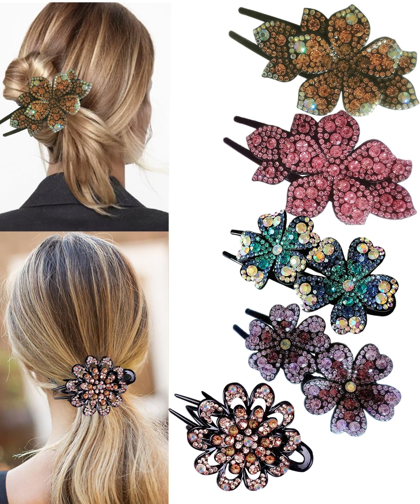 5 Pcs double flower decorative jeweled rhinestone hair clip pretty fancy floral thick crystal hair clips for women beautiful fashion designer asian