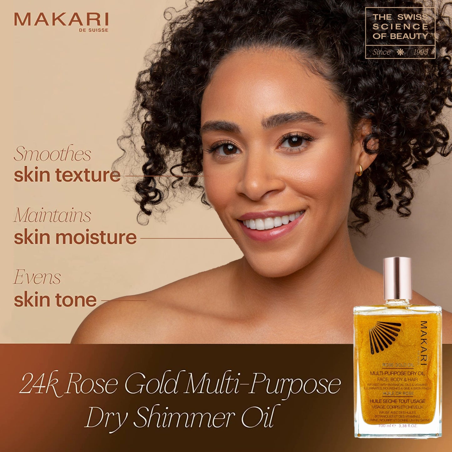 MAKARI 24K Rose Gold Multi-Purpose Dry Shimmer Oil (3.38 fl oz) | Body Shimmer Oil for Face, Hair and Body | Shimmer Body Oil with Real Gold Flakes |