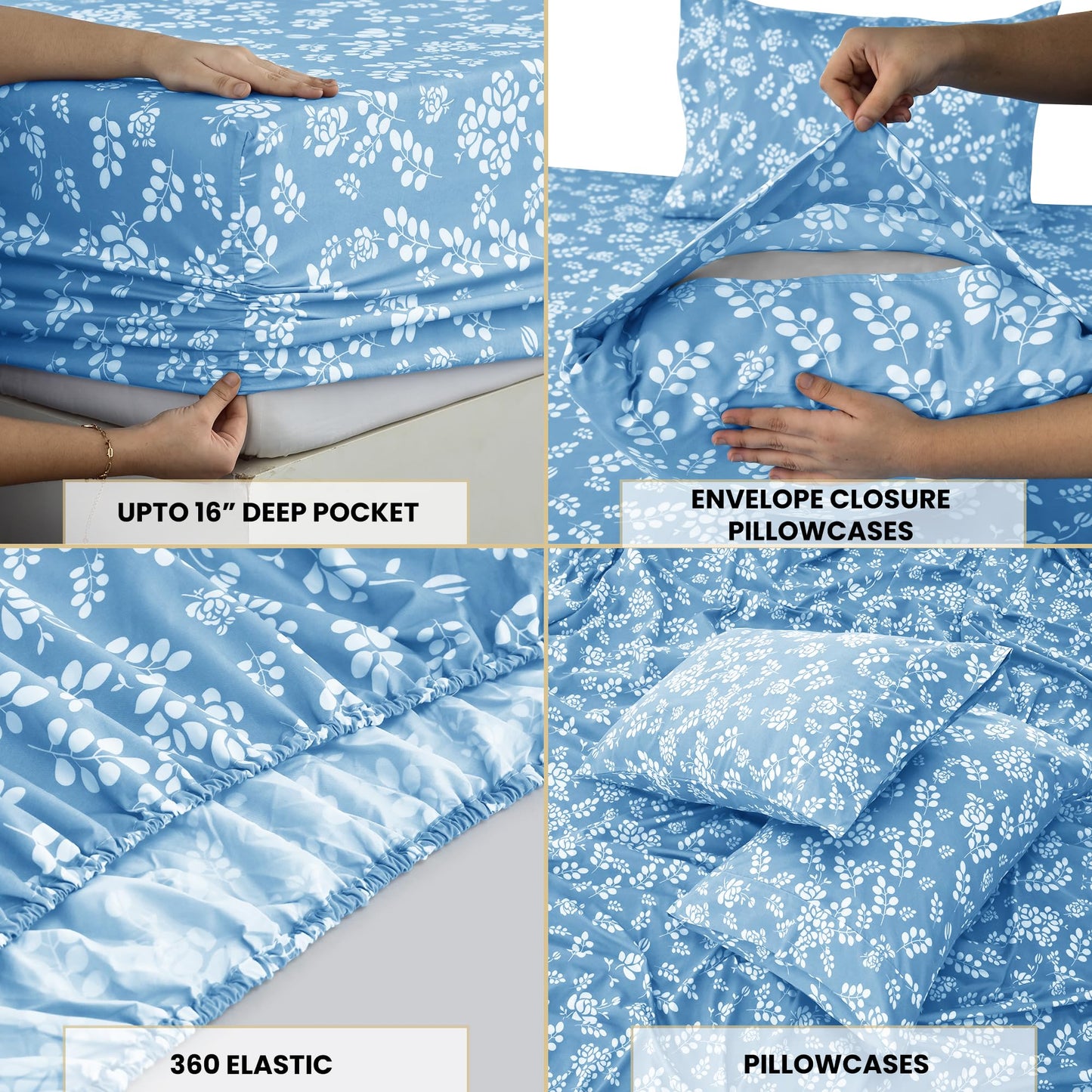 LDC Lux Decor Collection Bed Sheets Set, Full, Floral Blue, 4Pc, 1800 Count Microfiber, Deep Pocket, Wrinkle Resistant, Breathable