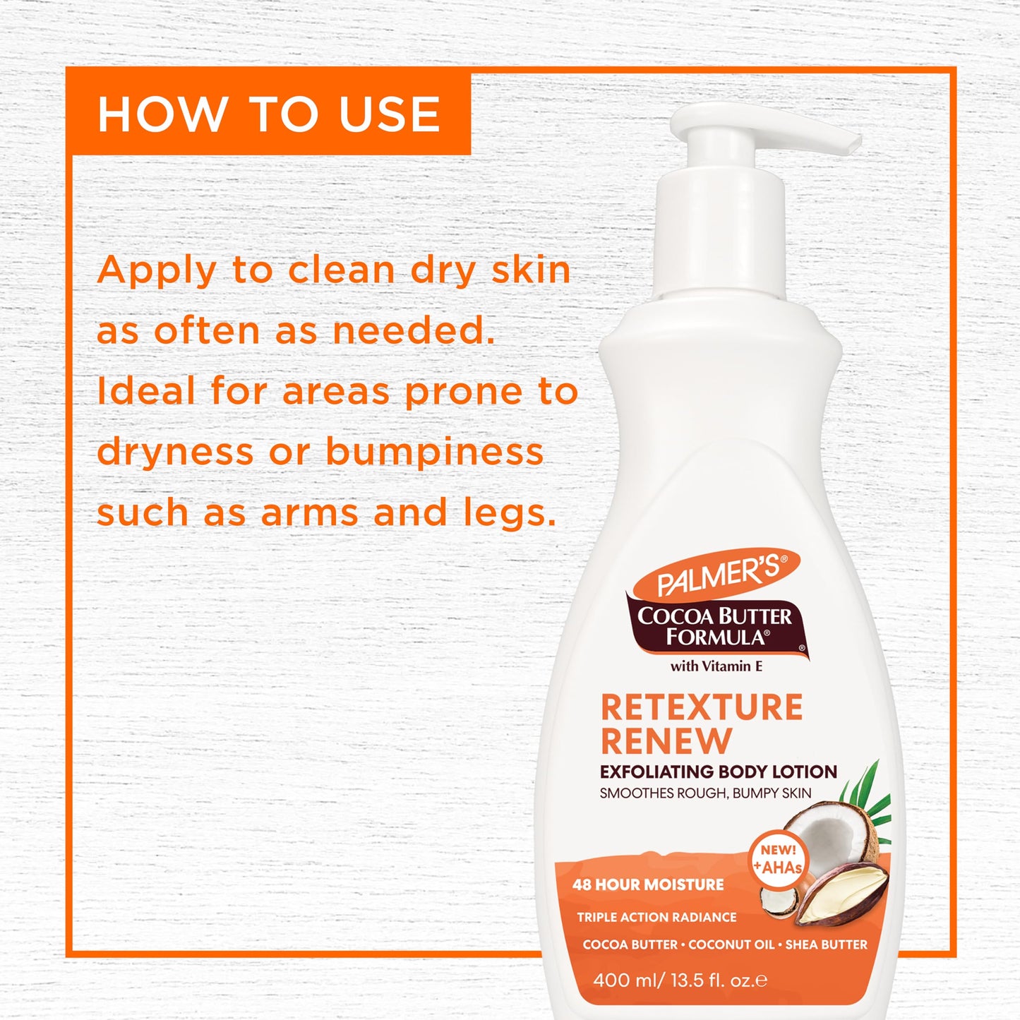 Palmer's Cocoa Butter Formula Retexture & Renew Exfoliating Body Lotion for Rough & Bumpy Skin, Triple Action Moisturizers + AHAs, Pump Bottle, 13.5