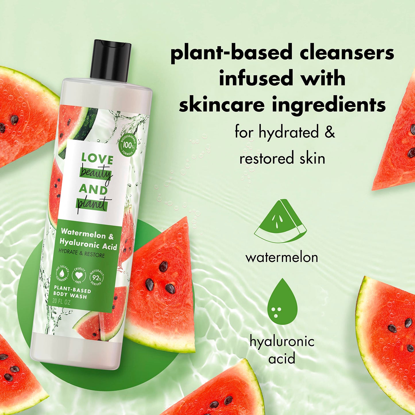 Love Beauty and Planet Plant-Based Body Wash Hydrate and Restore Skin Watermelon and Hyaluronic Acid Made with Plant-Based Cleansers and Skin Care