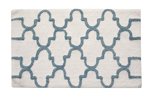 Saffron Fabs Bath Rug 100% Soft Cotton, Size 34x21 Inch, Latex Spray Non-Skid Backing, White/Arctic Blue Color, Geometric Pattern, Hand Tufted, 190…