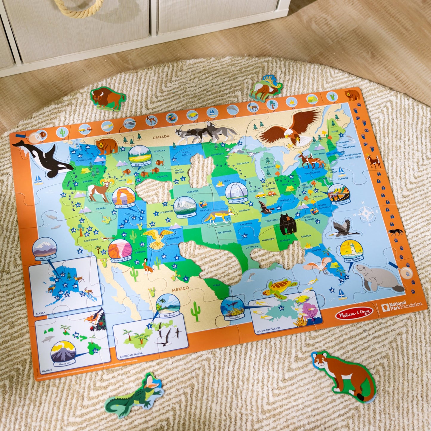 Melissa & Doug National Parks USA Map Floor Puzzle, 45 Jumbo Animal-Shaped Pieces with Search & Find Activities, Park & Animal ID Guide