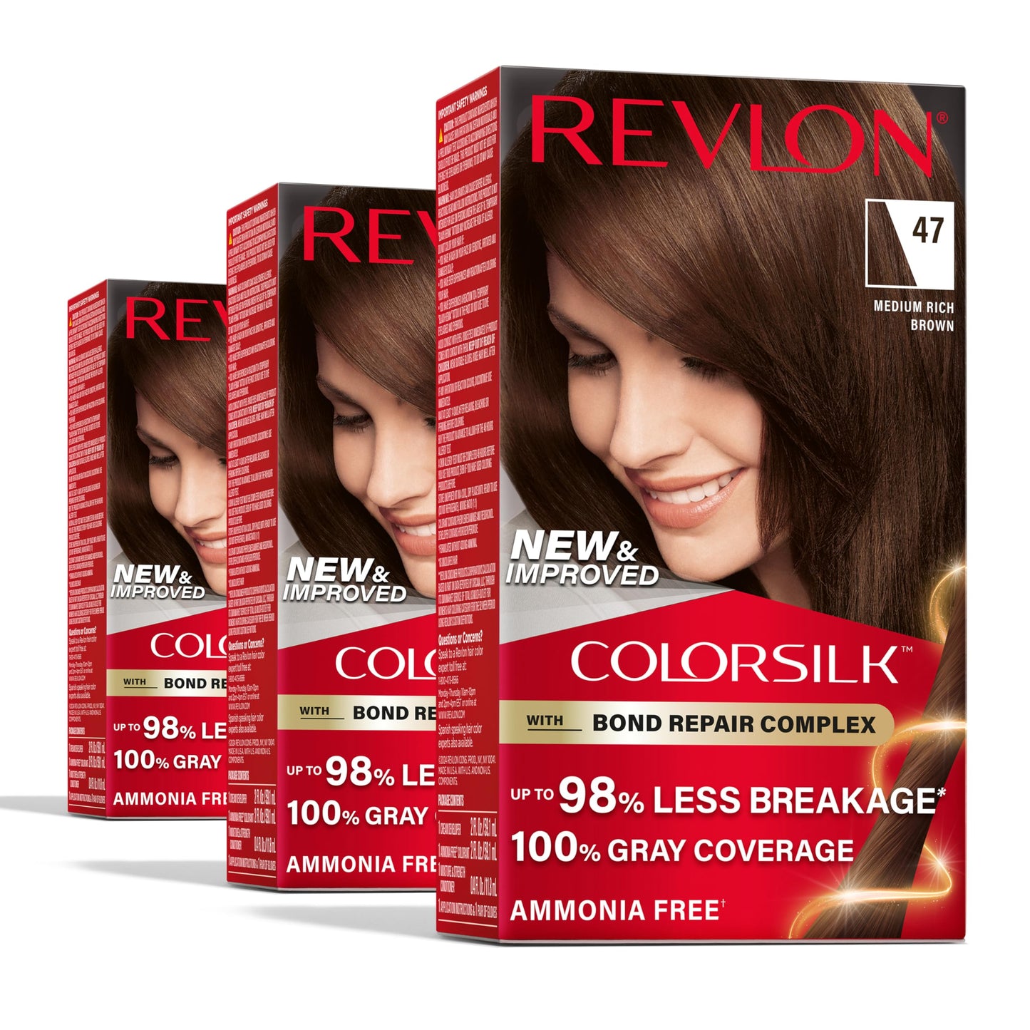 Revlon ColorSilk with Bond Repair Complex, Brown Permanent Hair Color, 100% Gray Coverage, Ammonia Free Hair Dye, Vegan Keratin, 47 Medium Rich Brown
