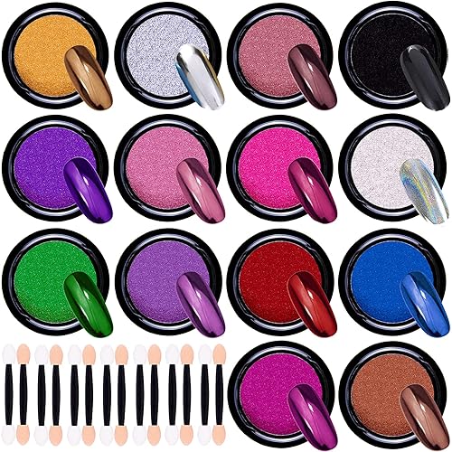 Duufin 14 Jars Chrome Nail Powder Metallic Nail Art Powder Mirror Effect Manicure Chrome Powder 14 Colors Nail Powders with 14 Pcs Eyeshadow Sticks