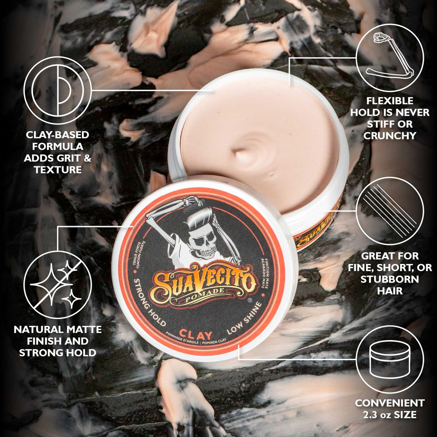 Suavecito Pomade Firme Clay for Men - Strong Hold, Low Shine Matte Finish - Professional Hair Styling Clay for Added Volume and Definition - 2.3 oz