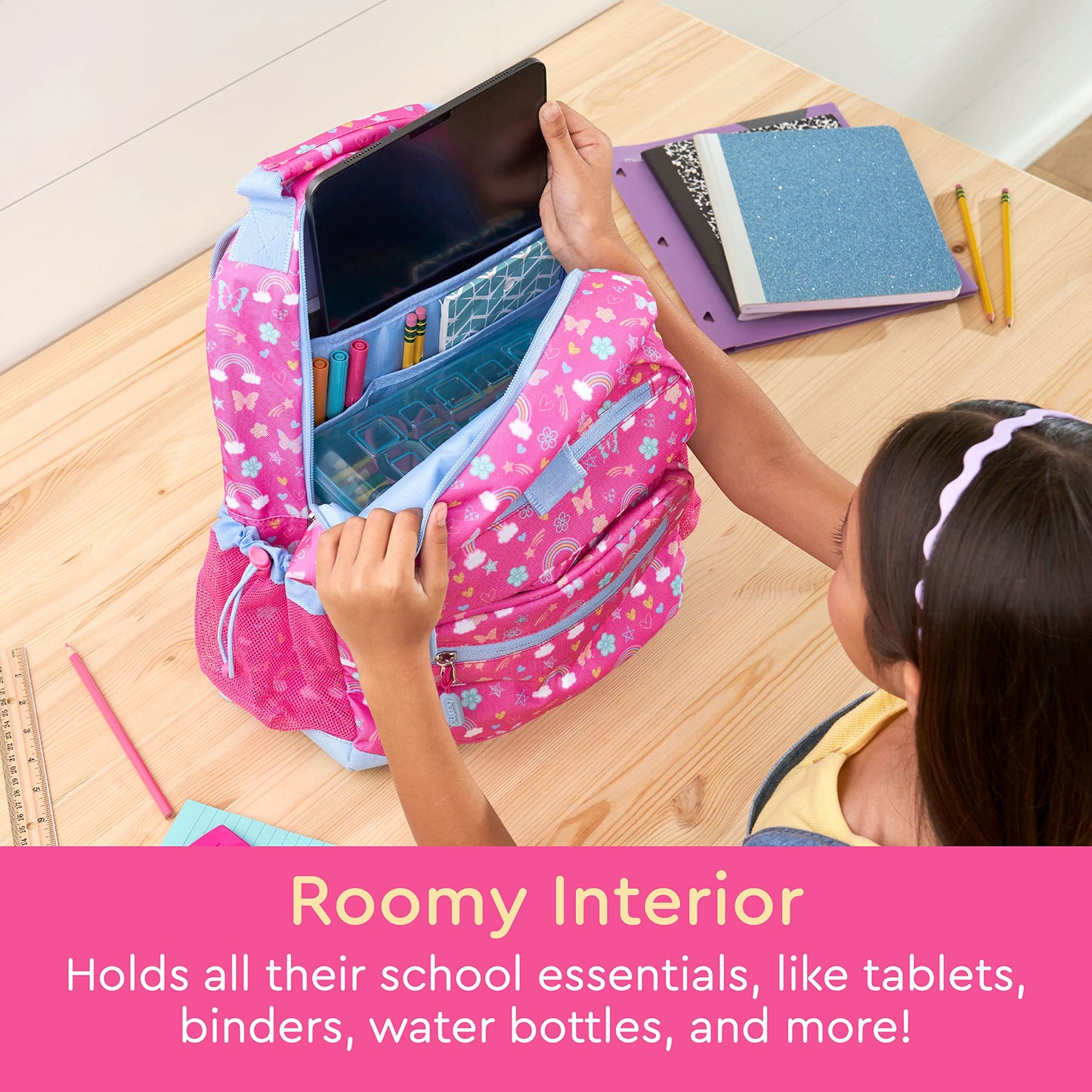 Bentgo Kids Backpack - Lightweight 14” Backpack in Fun Prints for School, Travel, & Daycare, Ideal for Ages 4+, Roomy Interior, Durable & Water-Resistant Fabric, & Loop for Lunch Bag (Rainbows)