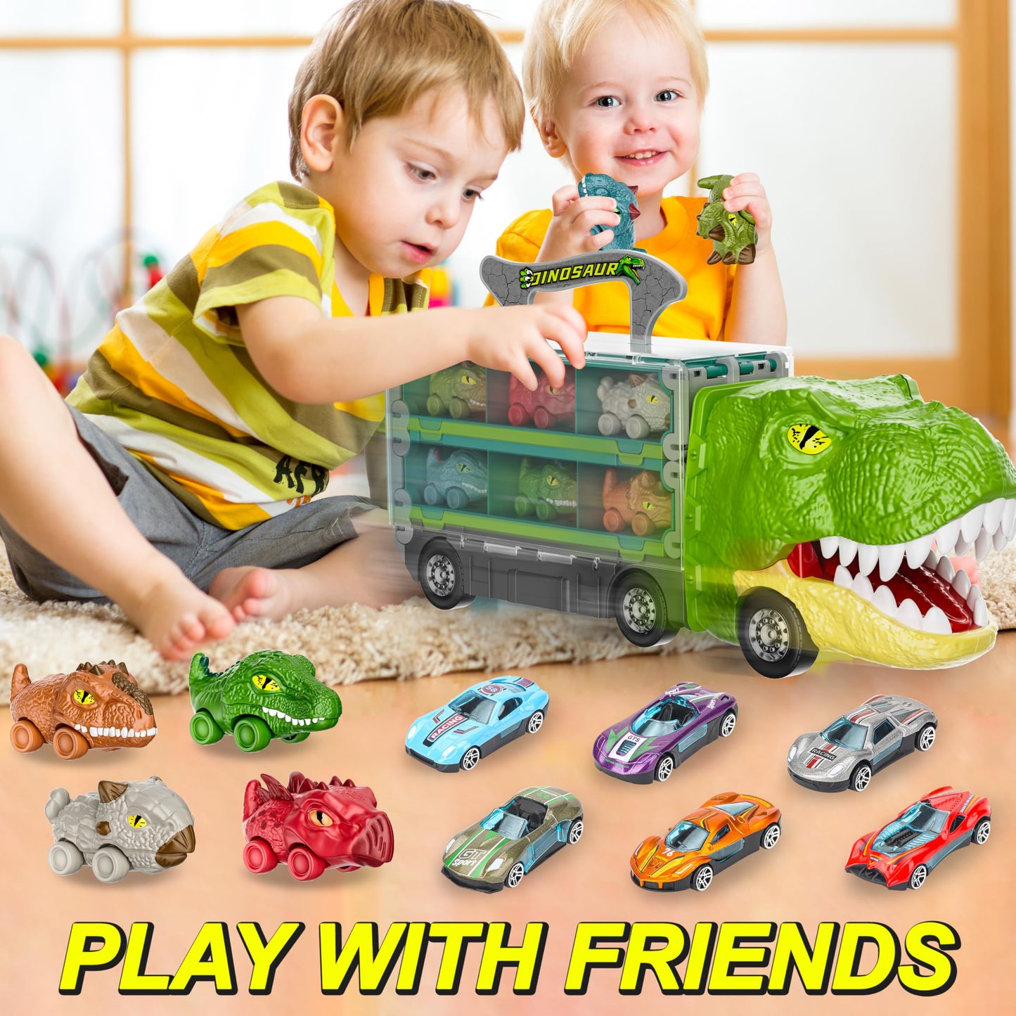 13-in-1 Dinosaur Toys Car Set – Transport Truck with Foldable Track & Race Mode, Includes 6 Dino Cars & 6 Race Cars for Kids Ages 3–6+