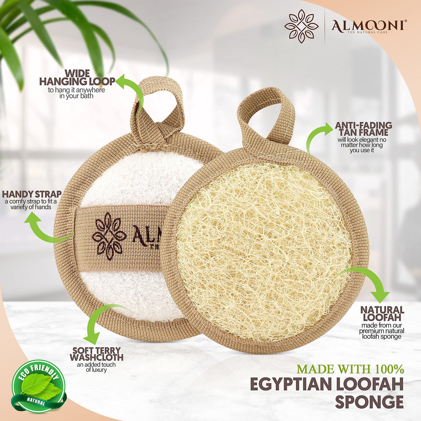Almooni Natural Loofah Exfoliating Facial Scrubber, Made with Natural Egyptian Shower Loofah Sponge, Bath Shower Loofah Sponge for Women and Men,