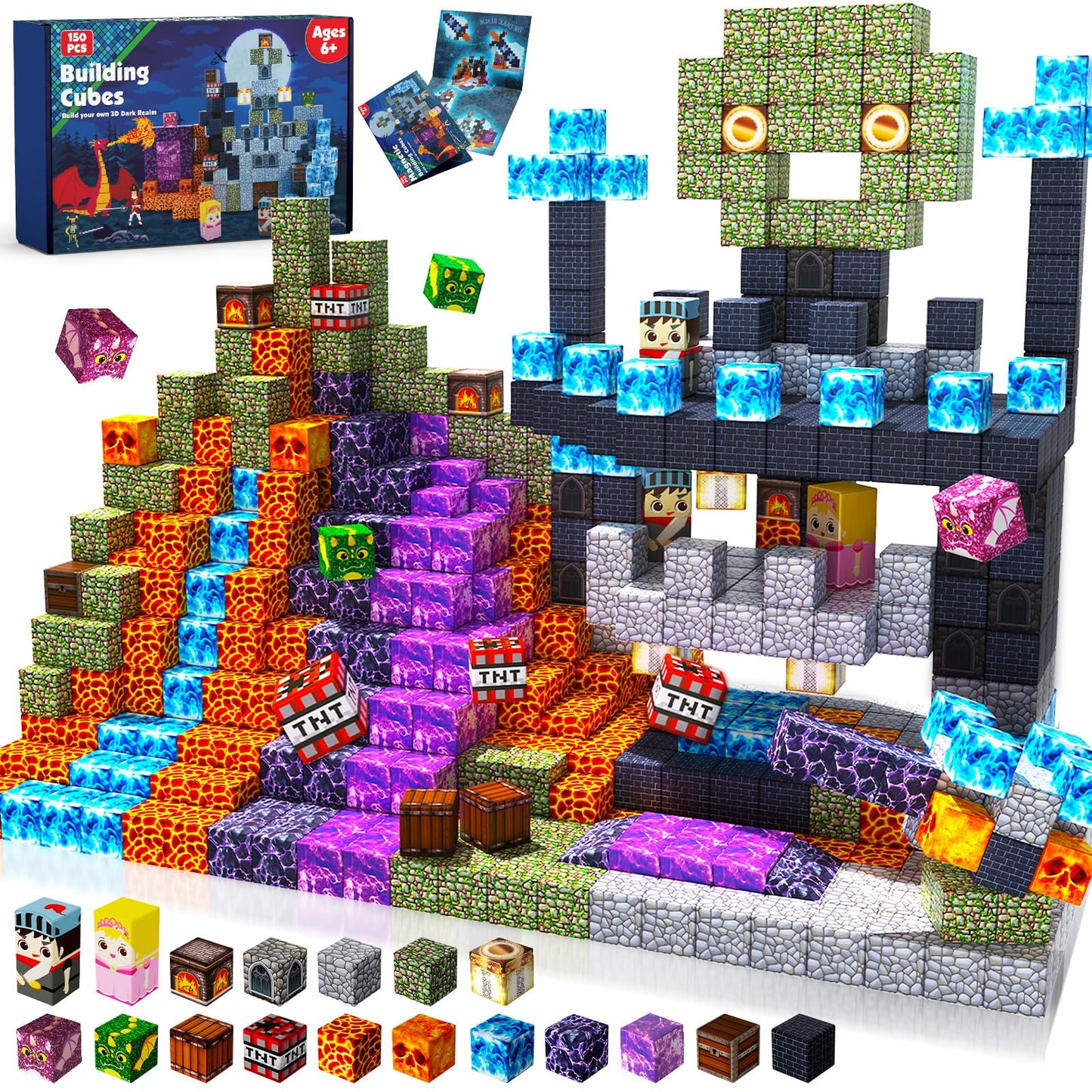 GraceDuck Magnetic Blocks 150pcs – Build Dark Castle & Sword World, STEM Montessori Construction Cubes for Kids Ages 6-10