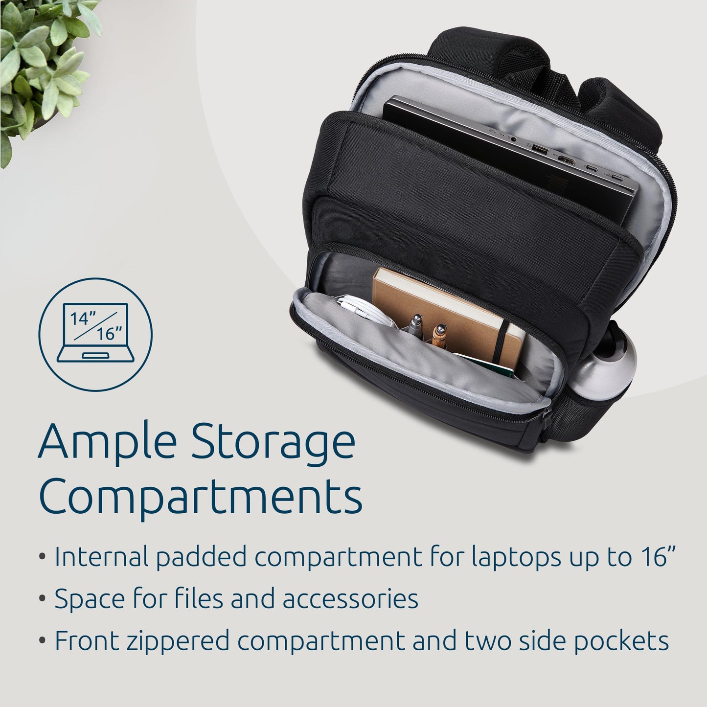 Kensington EQ Laptop Backpack 14”, Padded Shoulder Straps, Side Pocket (K60391WW), Black