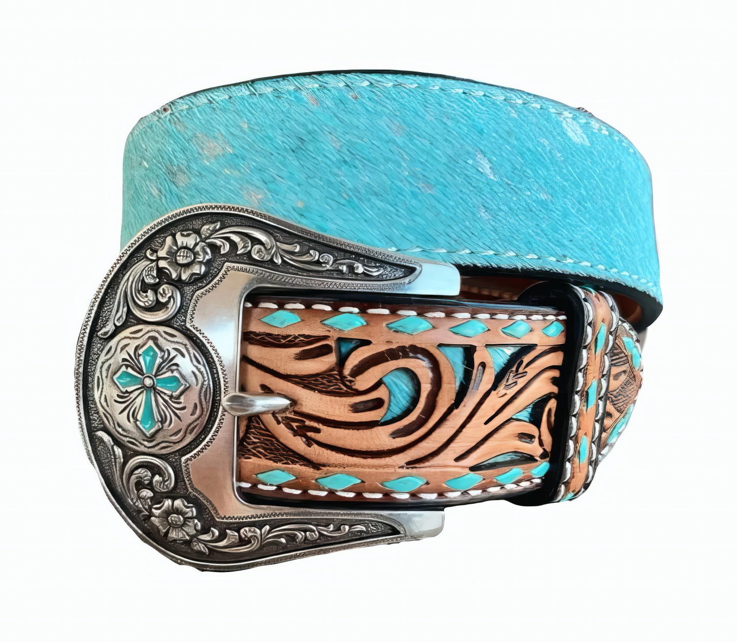 Angel Ranch Women's Tooled Tabs Hair-On Western Belt Turquoise Medium