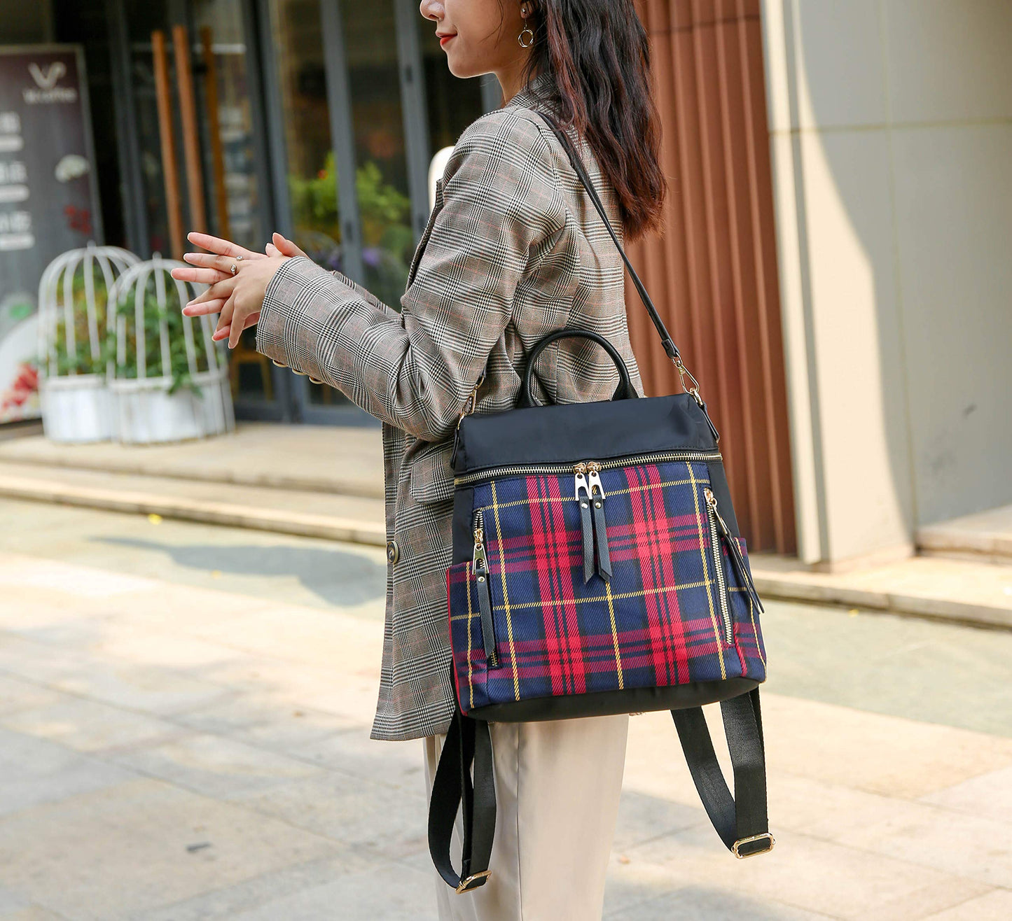 MKF Collection Nishi Plaid Backpack Waterproof Laptop Backpack for Travel Daypack Nylon By Mia K