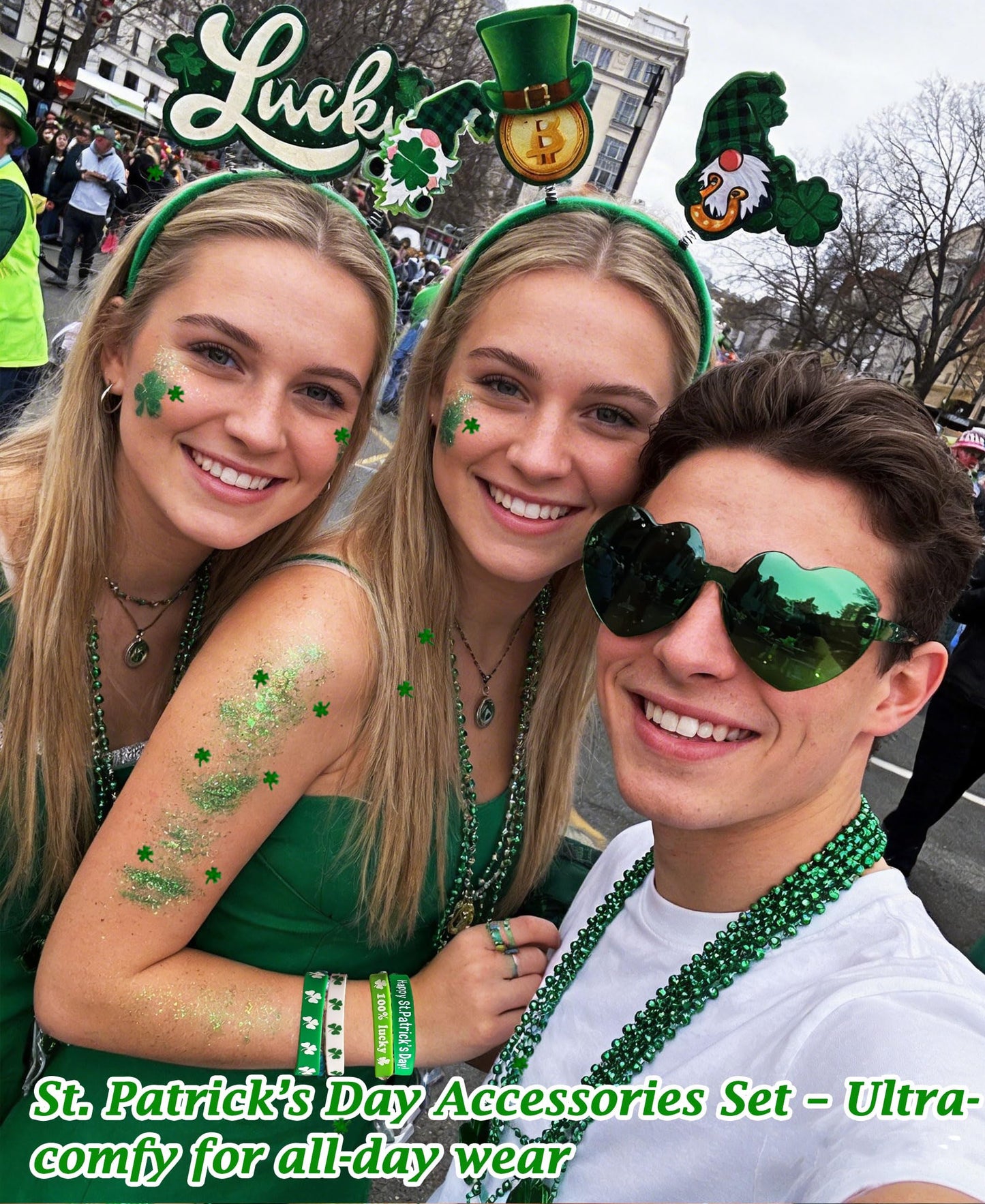 QVAIVE 117 Pcs St Patricks Day Accessories Party Favor Set with Custom Shamrock Glitter Gel,Glasses,Headbands,Bracelets,Necklaces for Irish Parades