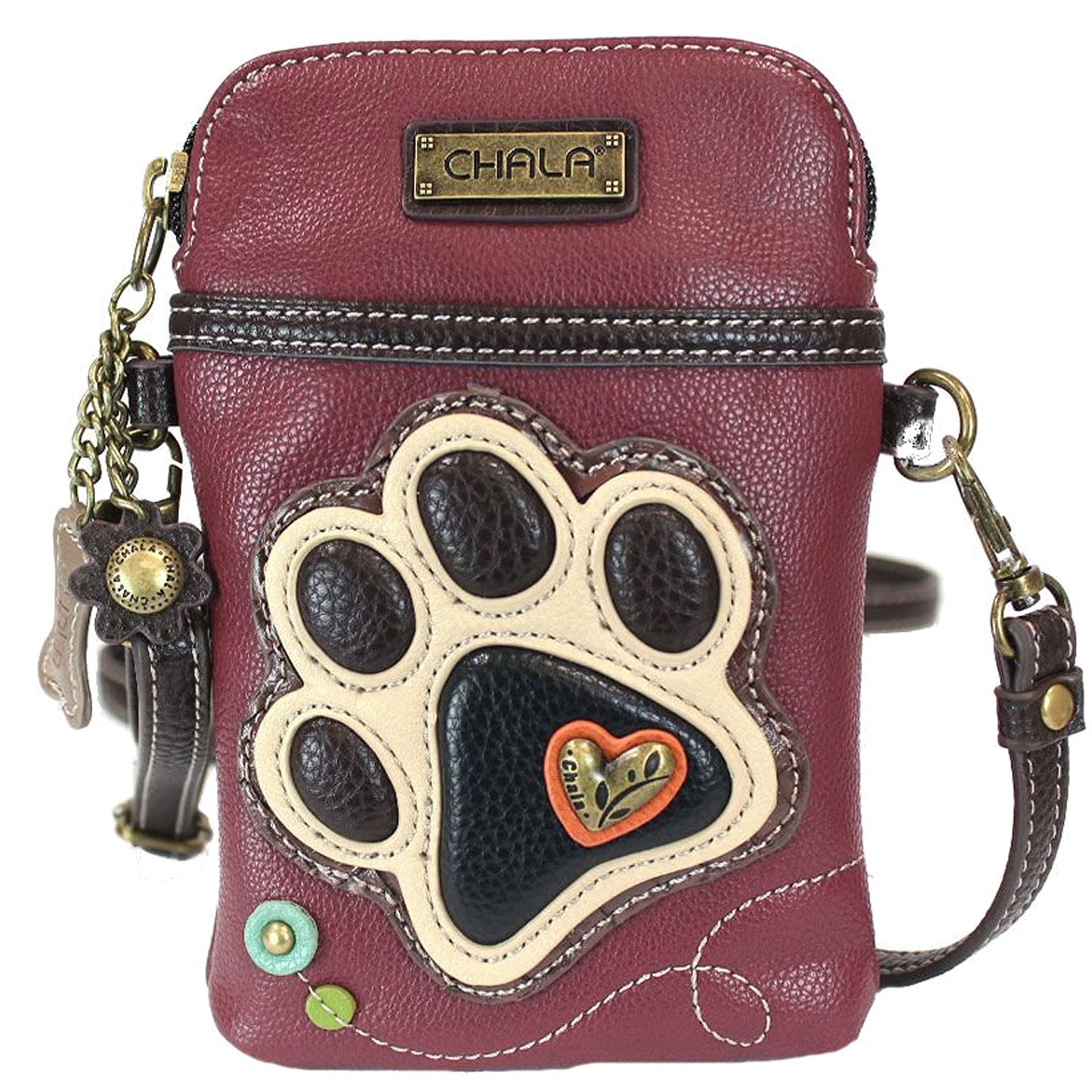 CHALA Dog Lovers Paw Print Cellphone Convertible Strap Crossbody Handbag Dog Lovers, Dog Mom (Ivory/Maroon)