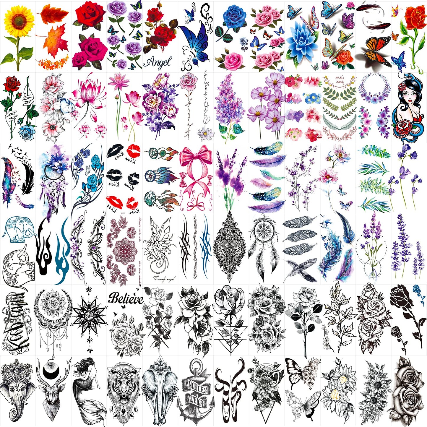 72 Sheets Temporary Tattoos for Women and Girls, Flower Tattoo Temporary, Butterfly Tattoos, Fake Black Tiny Temporary Tattoos Body Art Sticker Beauty and Personal Care Zomme