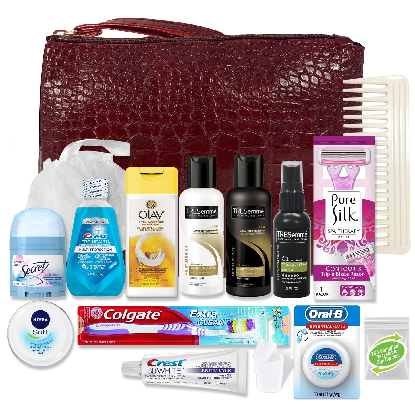 Women's Premium 16 PC Travel Kit - Stocking Stuffer and Holiday Gift Set with Tresemme Hair Products and Bath Essentials - Floss May Vary