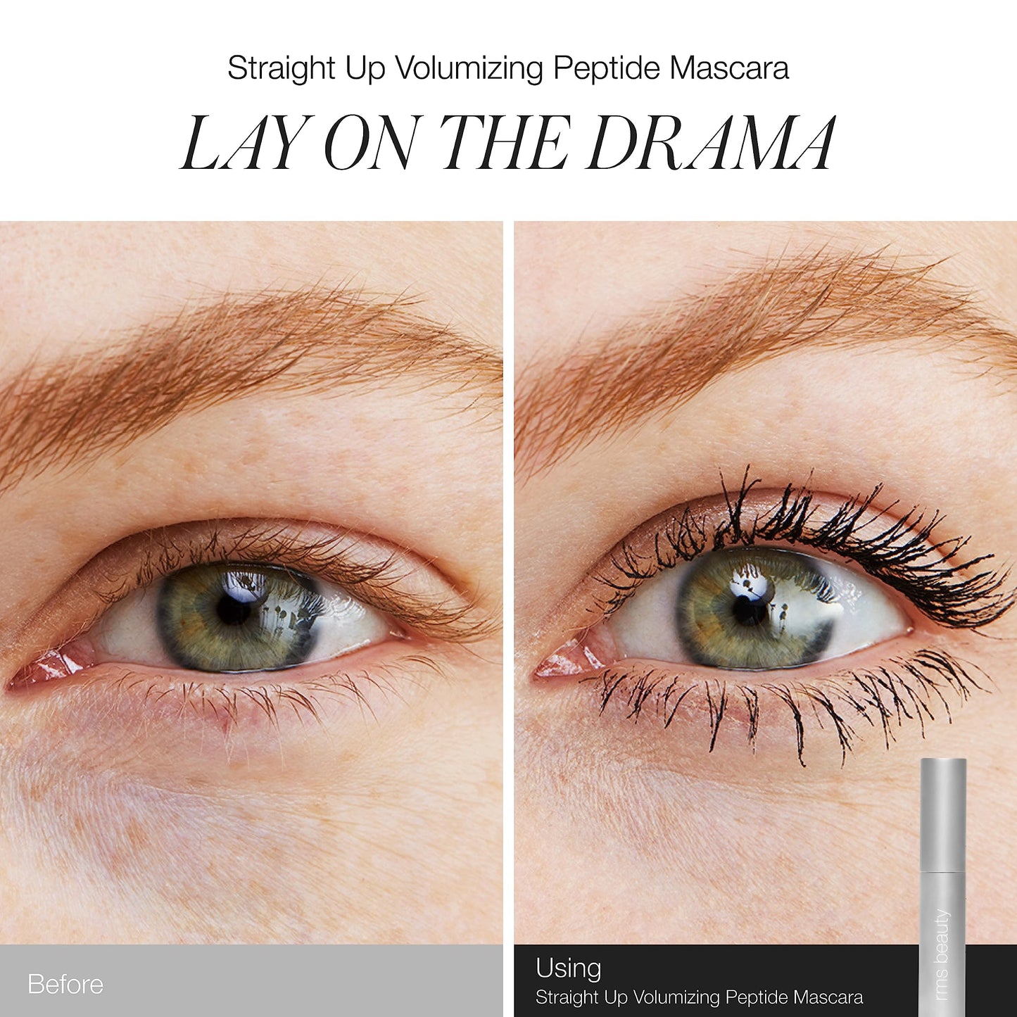 RMS Beauty Straight Up Volumizing Peptide Mascara - Black, Lash-Lengthening & Thickening Formula, Nourishing Peptides, Waterproof, Vegan