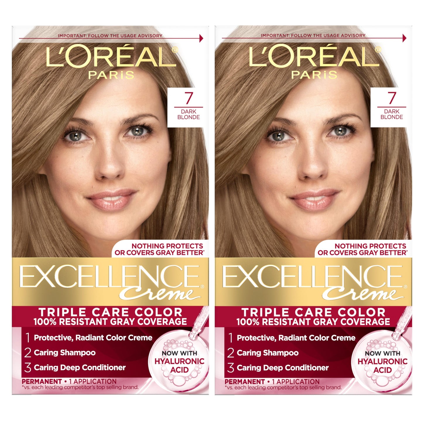 L'Oreal Paris Excellence Crème Permanent Hair Dye, Triple Care Hair Color with Hyaluronic Acid for 100% Gray Coverage, 7 Dark Blonde, 1 Kit (Pack