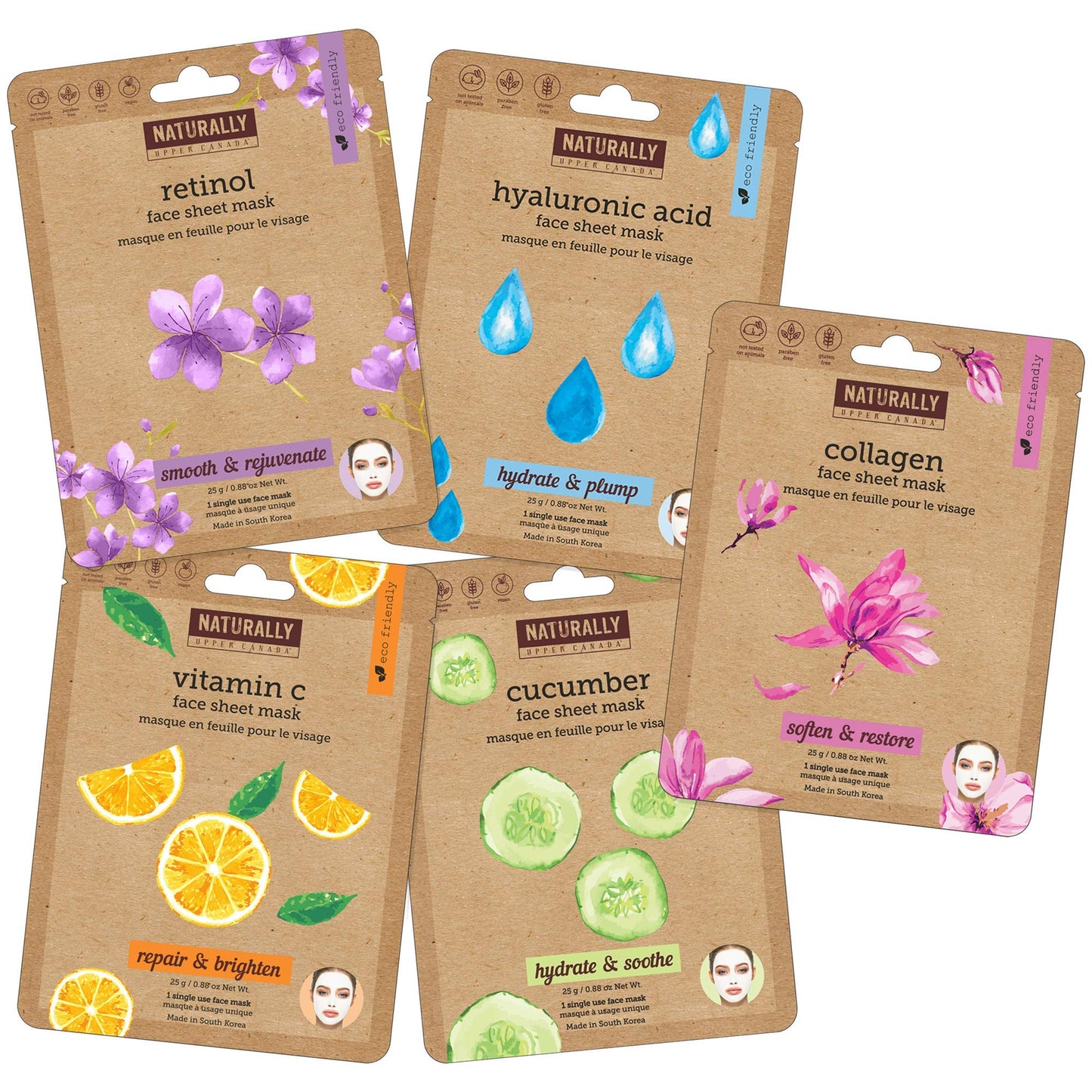 Naturally - Variety pack (Vitamin C, Hyaluronic Acid, Retinol, Cucumber, Collagen) - Perfect for at Home Spa Days, K-beauty inspired, Ingredients led