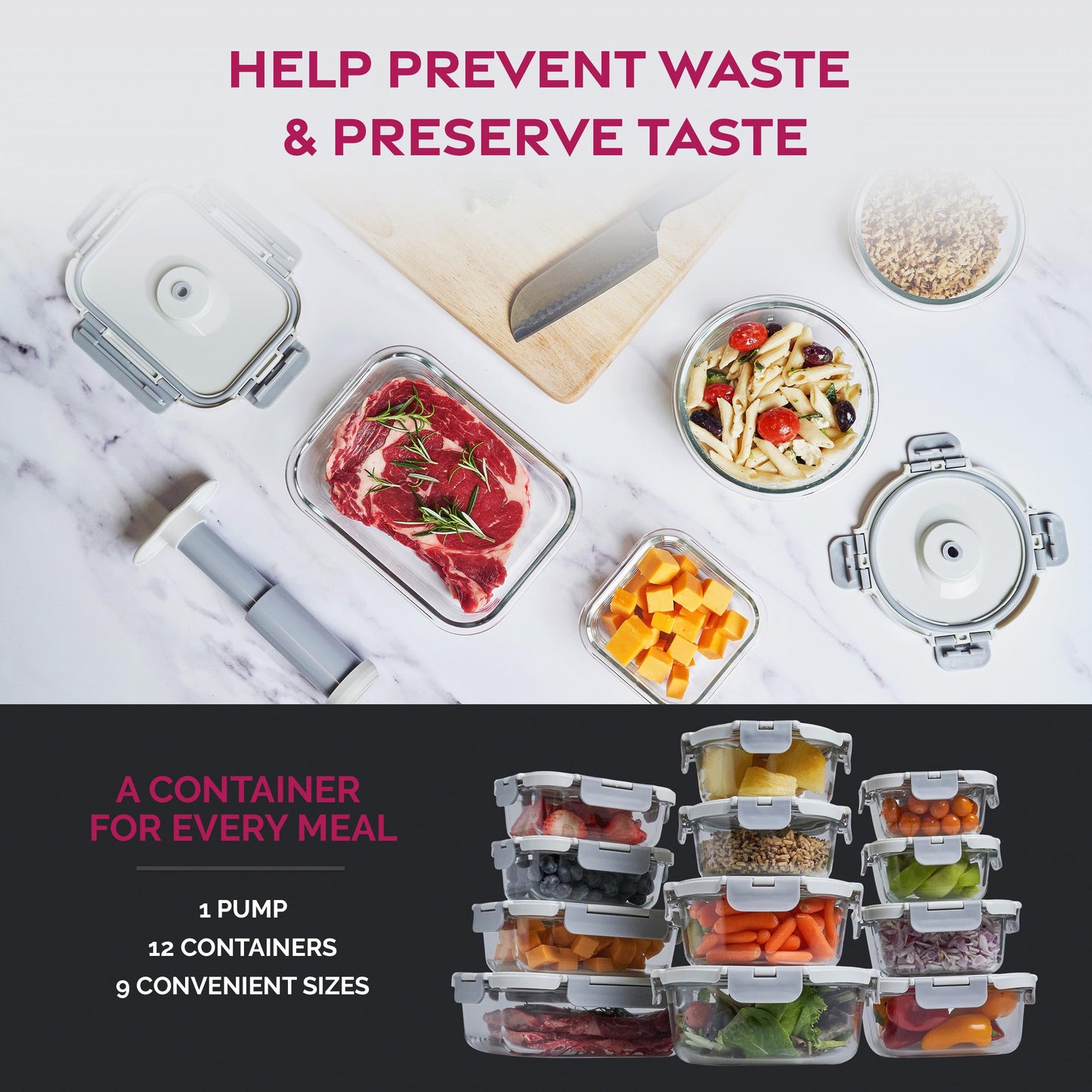 FineDine Vacuum Seal Glass Food Storage Containers With Hand Pump, 25 Piece Set, Airtight Pantry Kitchen Storage Containers w/Lids, Meal Prep…