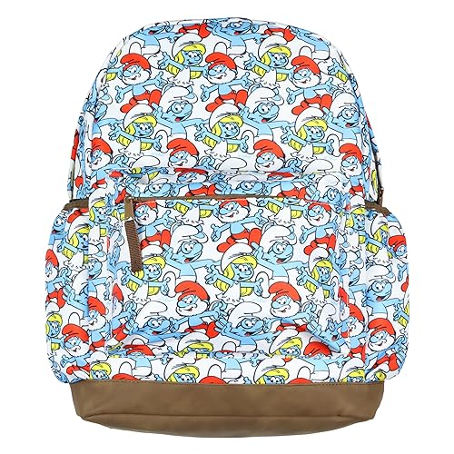 The Smurfs Backpack Papa Smurf and Smurfette Allover Collage Design Laptop Tech Sleeve School Book Bag Daypack