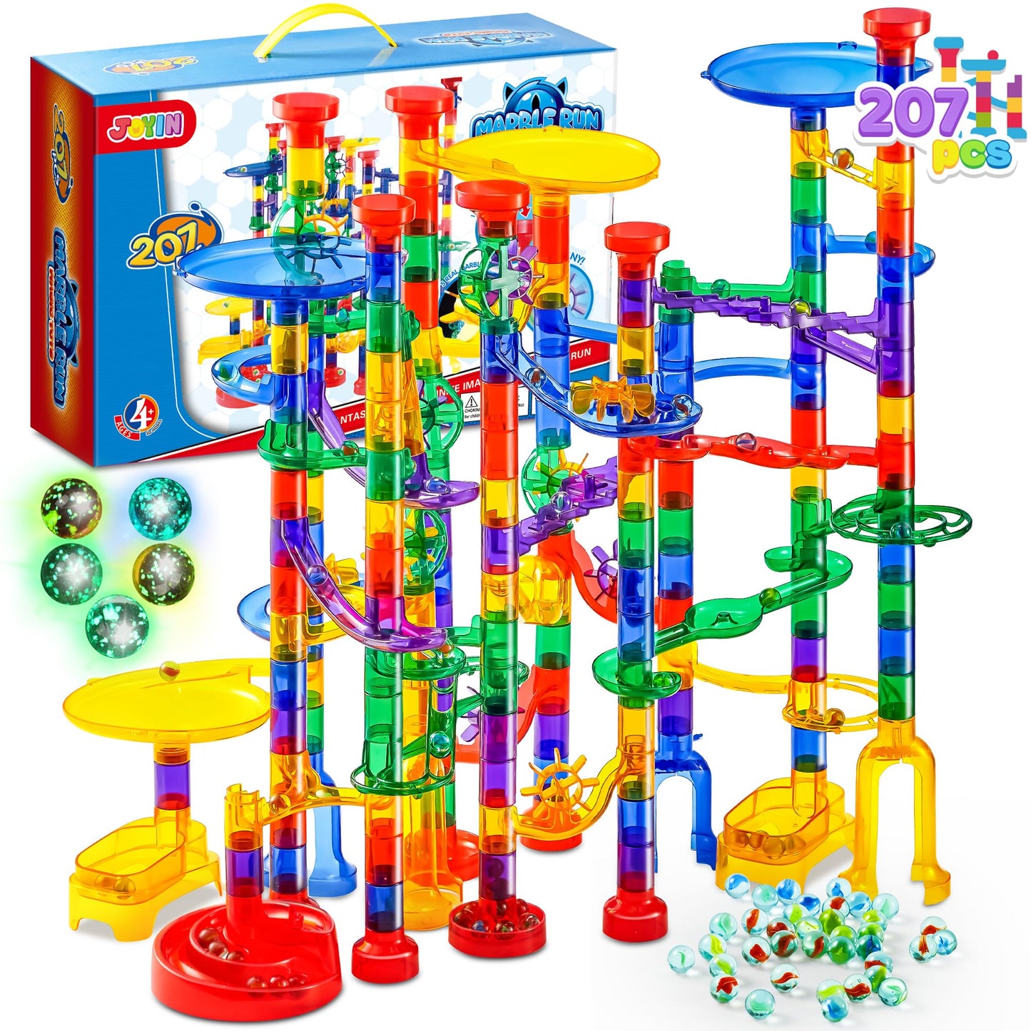 JOYIN 207pcs Glowing Marble Run – STEM Building Blocks Toy with 5 Glow-in-the-Dark Glass Marbles, Educational Construction Set for Kids