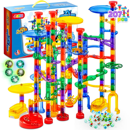 JOYIN 207pcs Glowing Marble Run – STEM Building Blocks Toy with 5 Glow-in-the-Dark Glass Marbles, Educational Construction Set for Kids