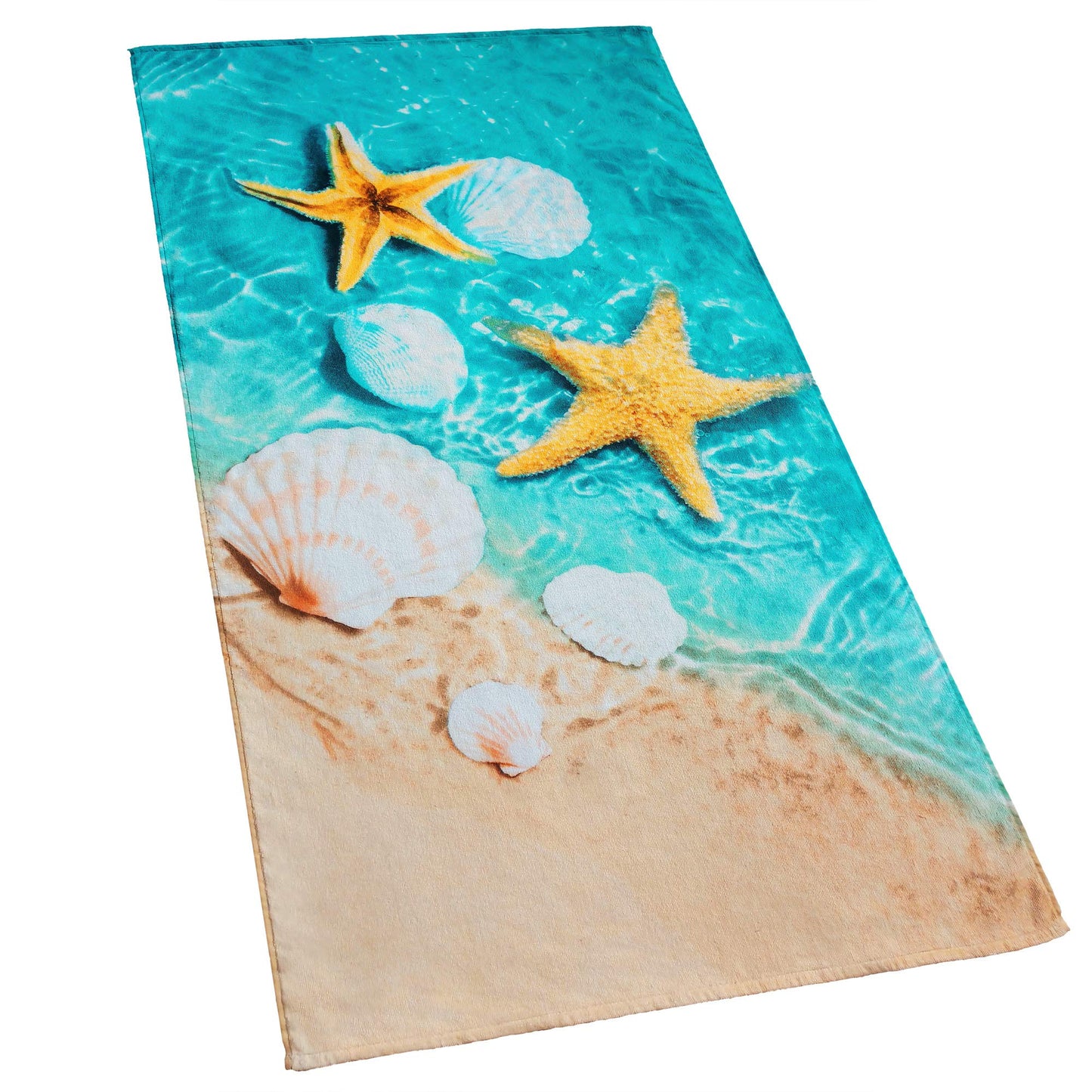 Softerry Starfish & Seashells Beach Towel 30 x 60 inch Velour Terry 100% Cotton, Blue and Sand