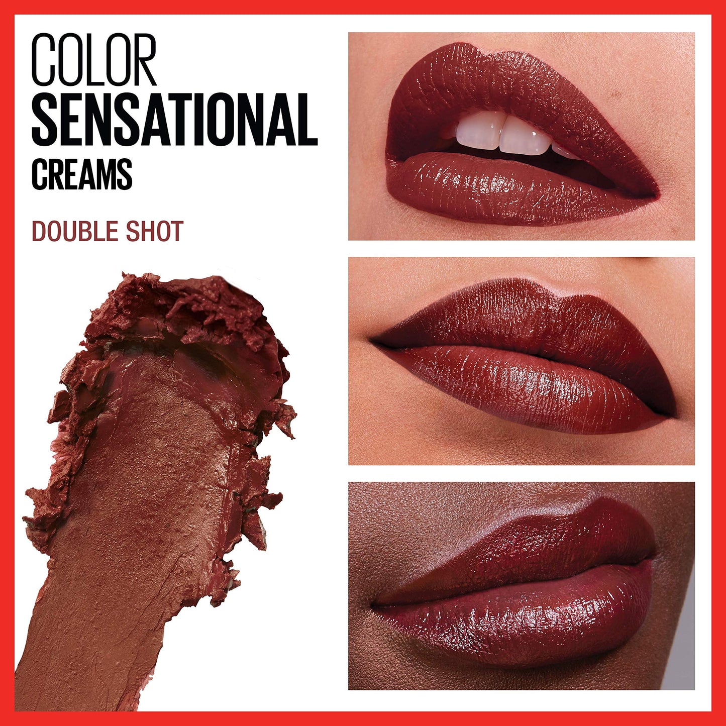 Maybelline Color Sensational Lipstick, Lip Makeup, Cream Finish, Hydrating Lipstick, Nude, Pink, Red, Plum Lip Color, Double Shot, 0.15 oz; (Packaging