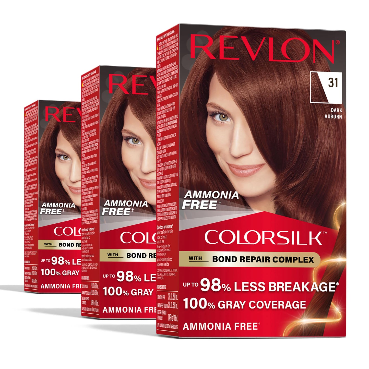 Revlon ColorSilk with Bond Repair Complex, Auburn Permanent Hair Color, 100% Gray Coverage, Ammonia Free Hair Dye, Vegan Keratin, 31 Dark Auburn (Pack