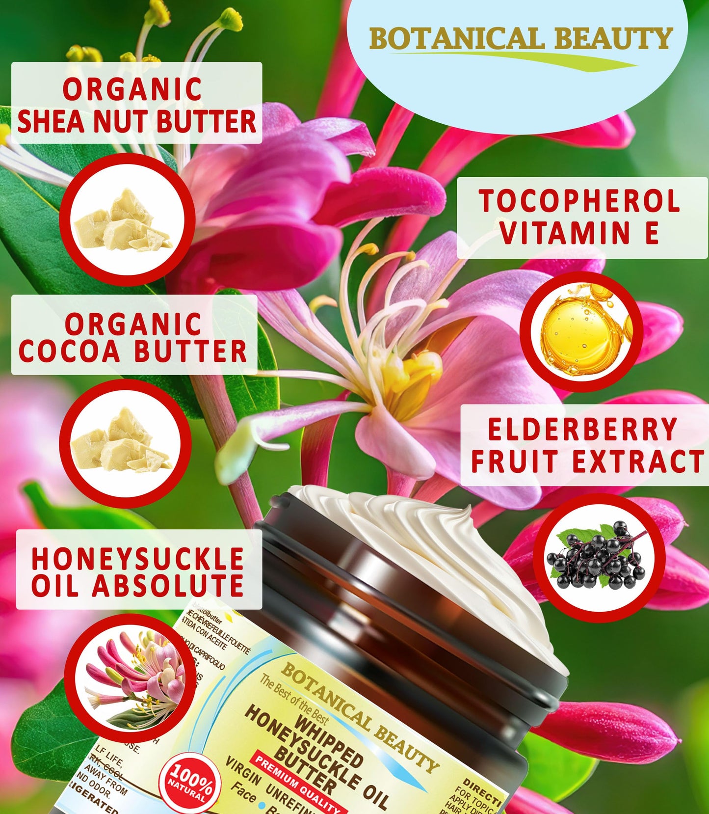 Botanical Beauty Whipped HONEYSUCKLE OIL BUTTER 100% Natural Pure RAW. Cocoa Butter, Shea Nut Butter, Honeysuckle Essential Oil Virgin Unrefined Cold